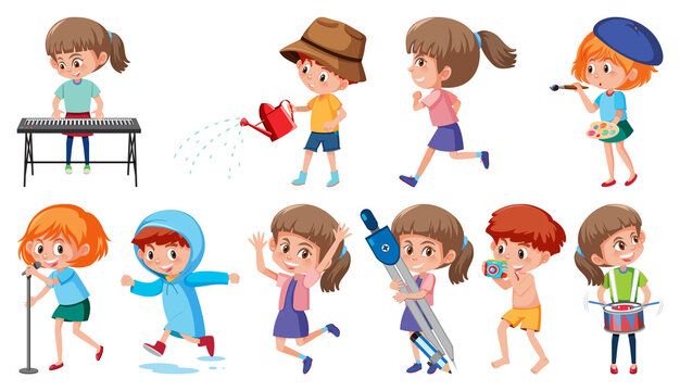 Set of children doing different activities on white background