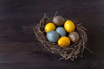 Easter eggs in birds nest on wooden table. Top view. Happy Easter.