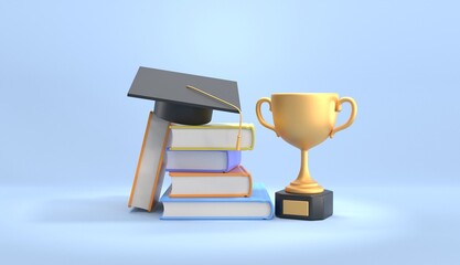 Golden cup with stack books and square academic cap. Graduation from high school, college or university with honors or gold medal. Study award, achievement in education. Realistic 3d illustration
