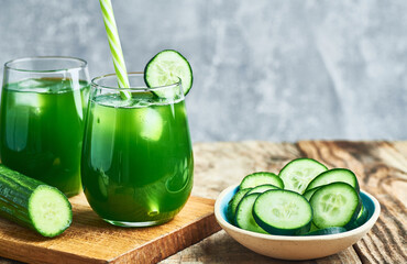Cucumber juice. Fresh Cucumber green detox juice in glass. Homemade cucumber juice.