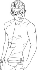 Man face with flowers . Abstract face with flowers by one line drawing. Portrait minimalistic style. Botanical print. Nature symbol of cosmetics. Muscular Man