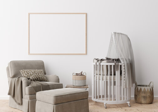 Empty horizontal picture frame on white wall in modern child room. Mock up interior in scandinavian style. Free, copy space for your picture. Baby bed, armchair. Cozy room for kids. 3D rendering.