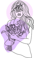 Abstract face with flowers by one line vector drawing. Portrait minimalistic style. Botanical print. Nature symbol of cosmetics. Modern continuous line art. Fashion print. Beaty salon logo.