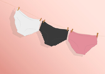 colorful clean women's panties hang on a rope. on a pink isolated background. vector illustration