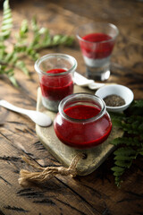 Panna cotta or chia pudding with red berry sauce