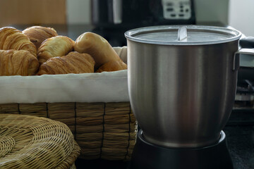Delicious fresh puff pastry croissant eggs and chocolate for breakfast
