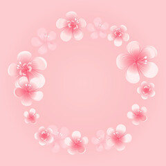 Flying flowers isolated on light peach pink background. Apple-tree flowers. Cherry blossom. Border. Vector