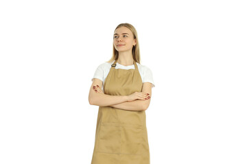 Young woman waitress isolated on white background