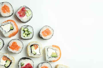Concept of tasty food with sushi, space for text