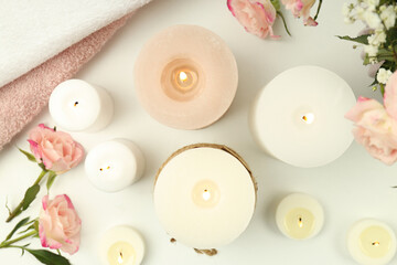 Concept of relaxation with aroma candles, top view