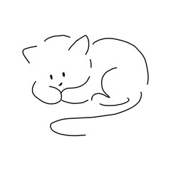Cat continuous line drawing - cute pet sits with twisted tail side view isolated on white background. Editable stroke vector illustration of domestic animal in one line for logo or decorative element.
