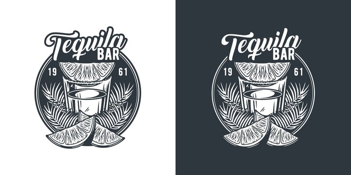Tequila shot with lime and leaves. Vector tropical design with mexican tequila for alcohol pab