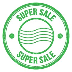 SUPER SALE text written on green round postal stamp sign