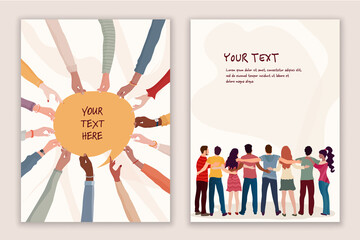 Group of multicultural volunteer people embraced viewed from behind and group of hands holding a speech bubble.NGO - flyer - brochure - poster - cover -editable template.Volunteer concept