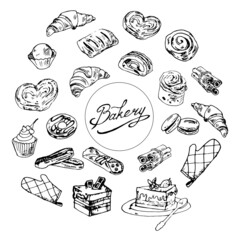 Set of drawings of bakery products. vector sketch doodle black on white background hand drawn.