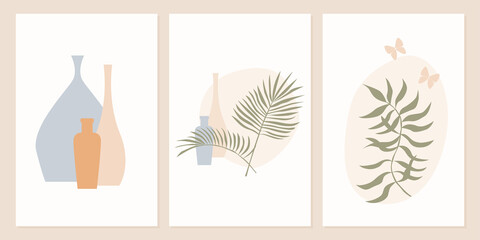 Vase Bottle and plant poster collection. Minimalist abstract boho artwork set.