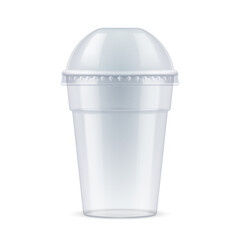 Transparent Plastic Cup with Lid For Single Use. Disposable Container Mockup for Drinks Isolated on White Background