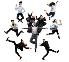 Fototapeta na wymiar Emotional office workers jumping and dancing in casual clothes and business suit with folders, coffee, tablet on white. Ballet dancers. Creative collage.