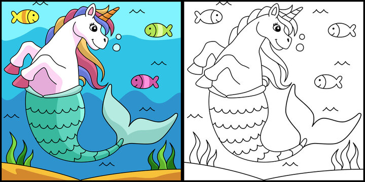 Unicorn Mermaid Coloring Page Colored Illustration