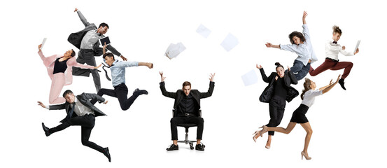 Business process. Young office workers jumping and dancing with folders, coffee, tablet on white background. Ballet dancers. Creative collage.