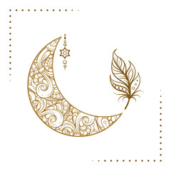 Golden cresent moon and boho feather temporary tattoo. Ethnic style vector graphic. © sablegear