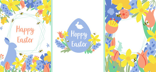 Floral easter poster set. Spring flower rabbit bunny banner template collection. Bright Easter Egg hunt greeting card, postcard bunny, meadow flowers, bee. Hand drawn spring vector illustration.
