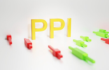 Producer Price Index - ppi  sign in gold letters on white of a chart of oil from the Forex market with Japanese candlesticks with reflection, 3D rendering