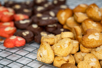 Homemade cookies on table. Closeup of a group of assorted Heart cookies.