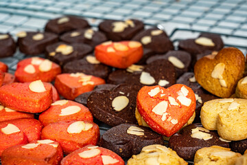 Homemade cookies on table. Closeup of a group of assorted Heart cookies.