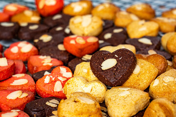 Homemade cookies on table. Closeup of a group of assorted Heart cookies.