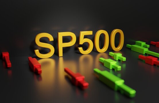 The S&P 500 stock index on a dark background with a chart of growth and fall from Japanese candlesticks, the concept of volatility in the forex market and the stock exchange, 3d rendering