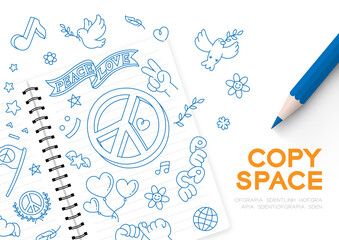 Peace doodle kids hand drawing seamless pattern set editable stroke and pencil, Peaceful Pray and Stop war concept, minimal flat design illustration top view on white background copy space, vector - 493443738