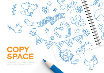 Peace doodle kids hand drawing seamless pattern set editable stroke and pencil, Peaceful Pray and Stop war concept, minimal flat design illustration top view on white background copy space, vector