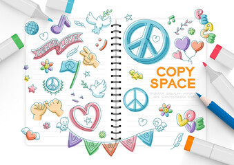 Peace doodle kids hand drawing seamless pattern set editable stroke and pencil marker, Peaceful Pray and Stop war concept, minimal flat design illustration on background copy space, vector