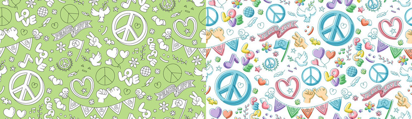 Peace doodle kids hand drawing seamless pattern set and marker watercolor, Peaceful Pray and Stop war concept, minimal flat design illustration on background copy space, vector - 493443788