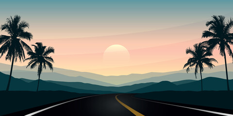 summer paradise road trip at sunset on tropical palm landscape © krissikunterbunt