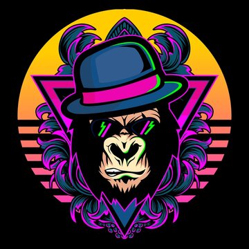 Gorilla head vector character illustration wearing hat