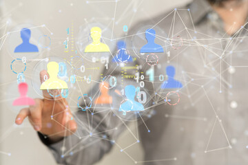 holding 3D rendering group of blue people