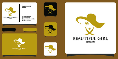 Elegant woman face logo with business card premium vector
