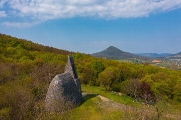 Badacsonytomaj, Hungary - Aerial view about St. Stephen’s King Chapel rises on Badacsony Hill....
