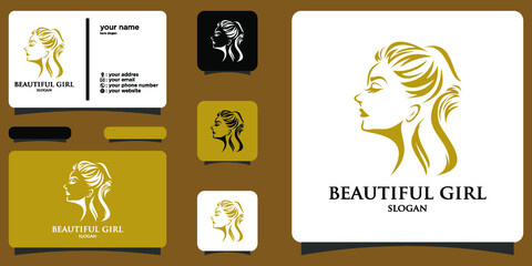 Elegant woman face logo with business card premium vector