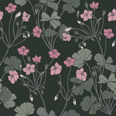 Vintage card with oxalis flowers. Floral wreath. Seamless pattern. Flowers background for cosmetics packaging.