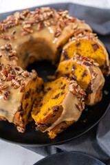 Chocolate pumpkin bundt cake with toffee glaze