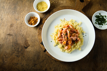 Couscous with hot smoked salmon