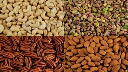 Collage of different nuts cashew, pecan, almond, pistachio
