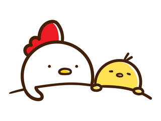 一緒に布団で眠るにわとりとひよこ親子のかわいい手書き風イラスト © choconasu