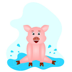 Cheerful piglet bathing in a puddle. Illustration, vector