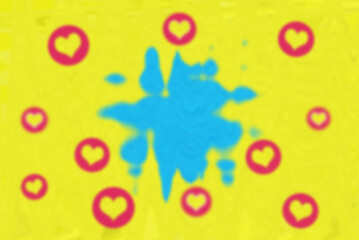 Blurred Abstract blue stain and yellow color Ukrainian flag background with a few red hearts.