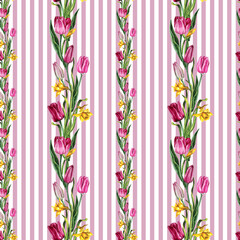 Set of  watercolor illustrations spring flowers with Easter eggs