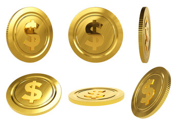 Set of gold coins in different positions, Realistic golden dollar coins movement isolate on white background. 3D render